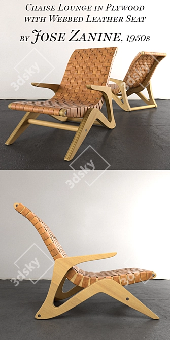 Midcentury Jose Zanine Chaise: Plywood & Leather 3D model image 2
