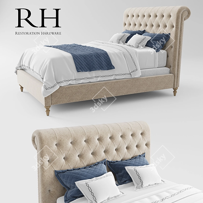 Luxury Chesterfield Fabric Sleigh Bed 3D model image 1