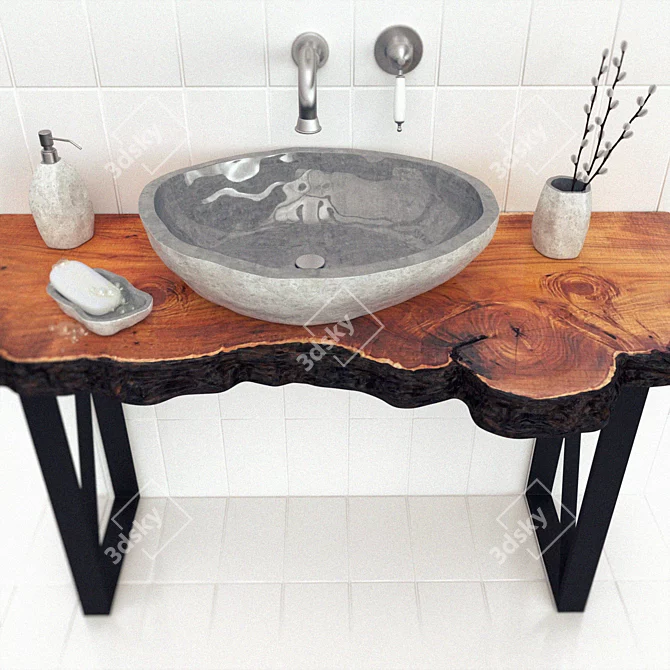 Natural Wood Slab Wash Basin 3D model image 2