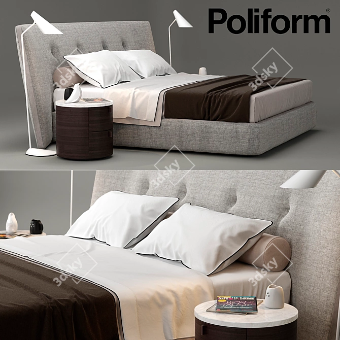Poliform Rever Bed & Onda Bedside Tables - Designer Bedroom Set 3D model image 1