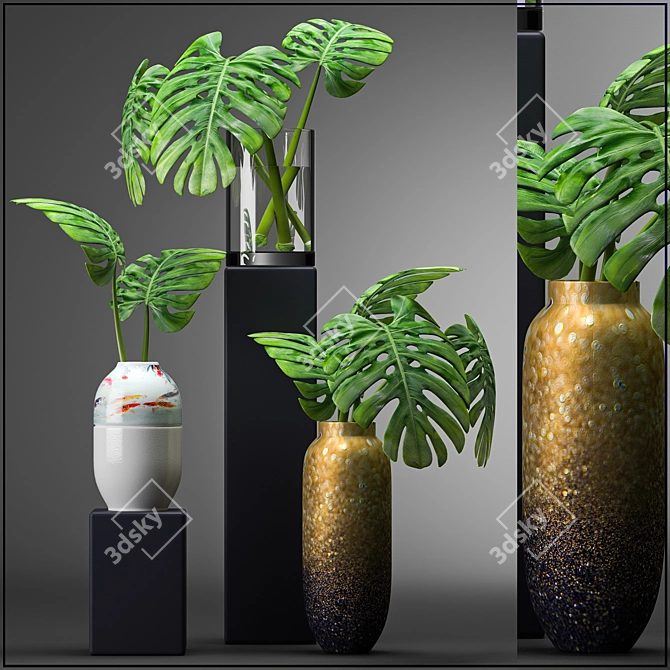 Leafy Haven: Modern Vases with Monstera Leafs 3D model image 1