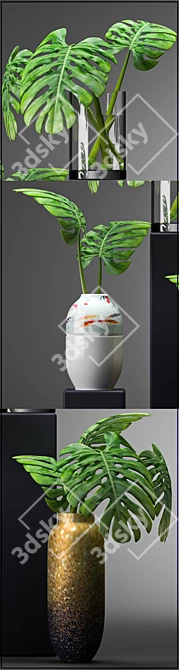 Leafy Haven: Modern Vases with Monstera Leafs 3D model image 2