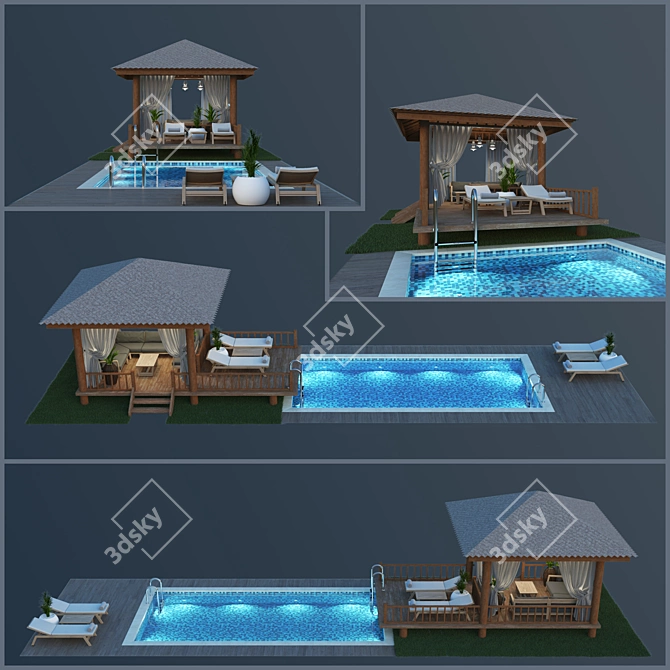 Wooden Gazebo with Pool Combo 3D model image 1