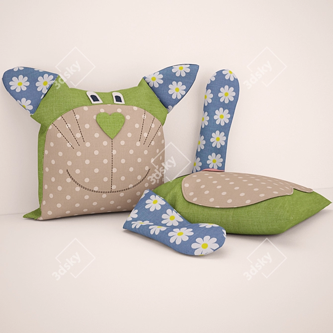 Cute Bunny and Teddy Pillow 3D model image 2