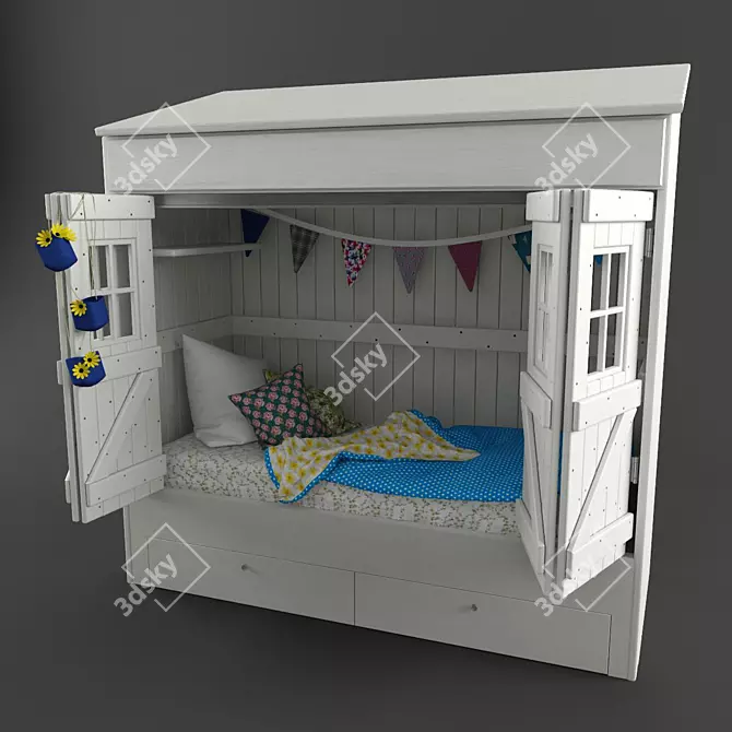 Cozy Kids Bed-House with Roof 3D model image 1