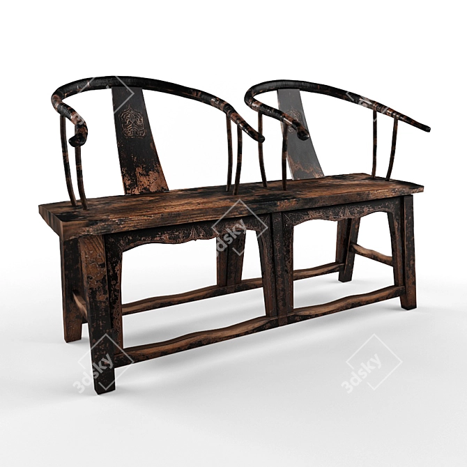 Title: Antique Rustic Elm Wood Bench 3D model image 1