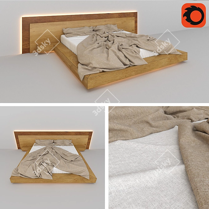 EcoBed: Stylish Wooden Frame with Linen Bedding & LED Lighting 3D model image 1