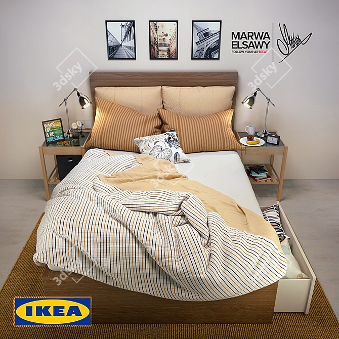 Ultimate IKEA MALM Bed Set: Drawers, Pillows, Linen, and More 3D model image 1