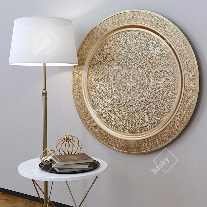 Elegant Decor Set: Floor Lamp, Side Table & Brass Metal Disc 3D model image 2