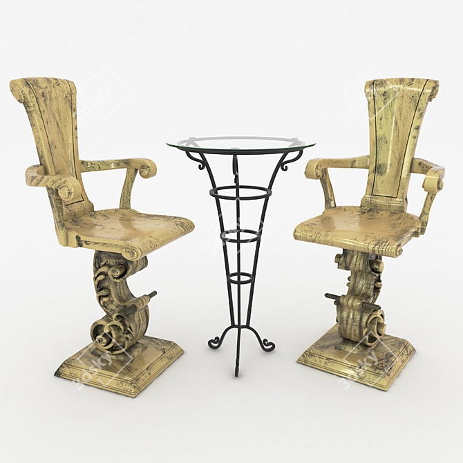 Handcrafted Wooden Chair and Table 3D model image 1