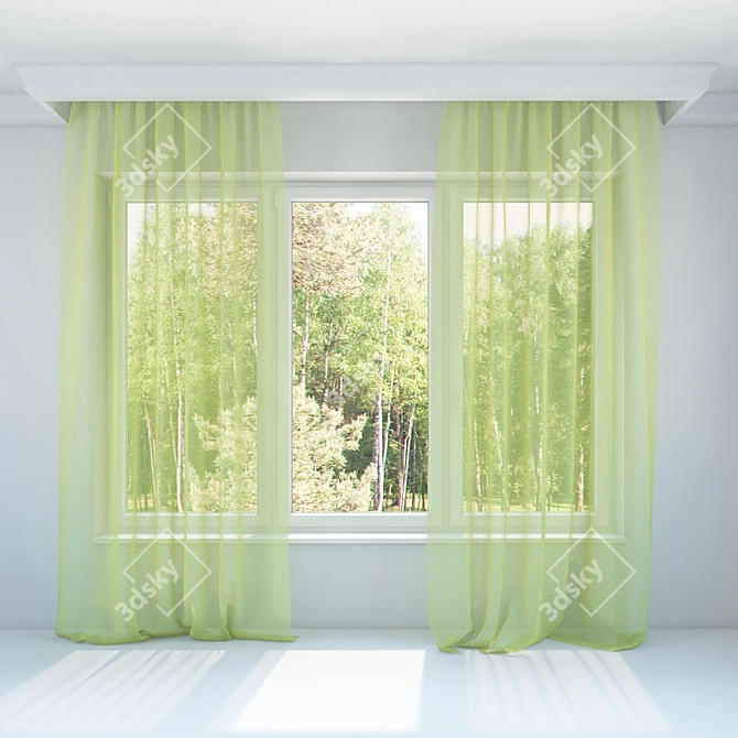 Elegant Sheer Curtains in White and Light Green 3D model image 1