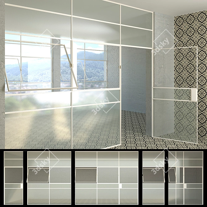 5-Piece Wired Glass Window and Door Set 3D model image 1