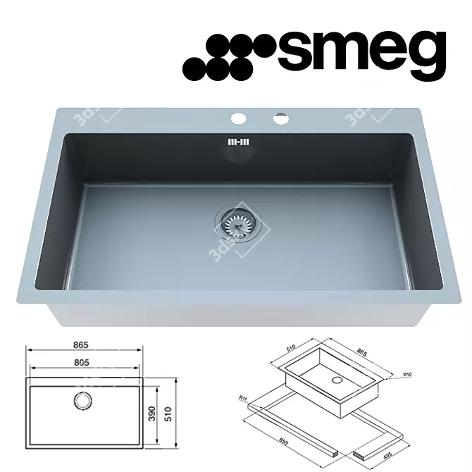 Sleek 2-Tap Smeg Sink 3D model image 1