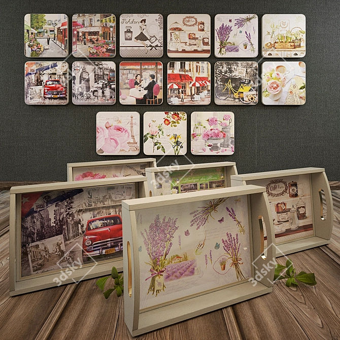 Provence-inspired Set: Wall Prints and Colorful Trays 3D model image 1