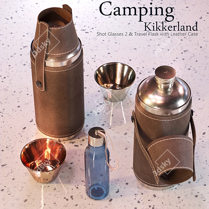 Kikkerland Camping Set: Thermos Flask with Leather Case & Shot Glasses 3D model image 2