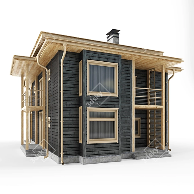 Rustic Timber Log House 3D model image 1