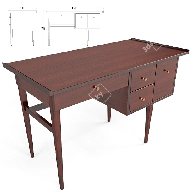 Vintage Walnut Writing Desk 3D model image 2