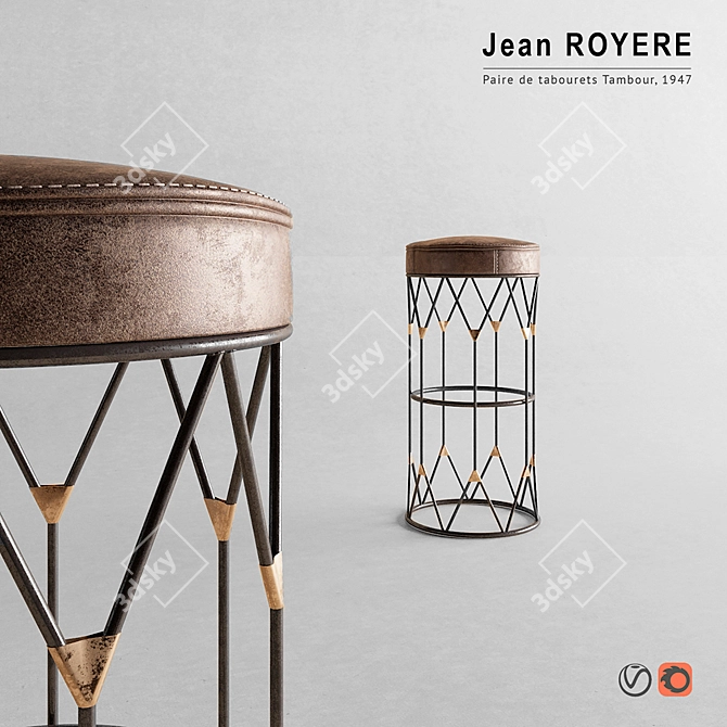 Vintage Jean Royere Bar Chair 3D model image 2