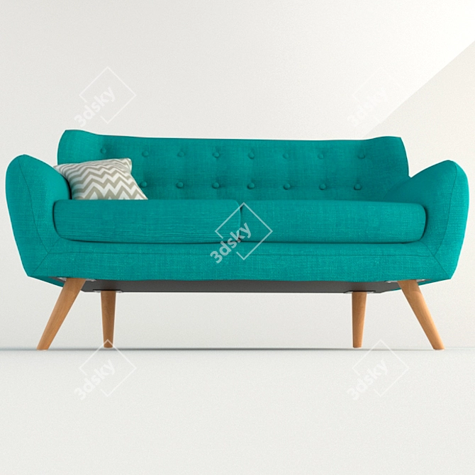 Elegant Blue Sofa with Wooden Legs 3D model image 2