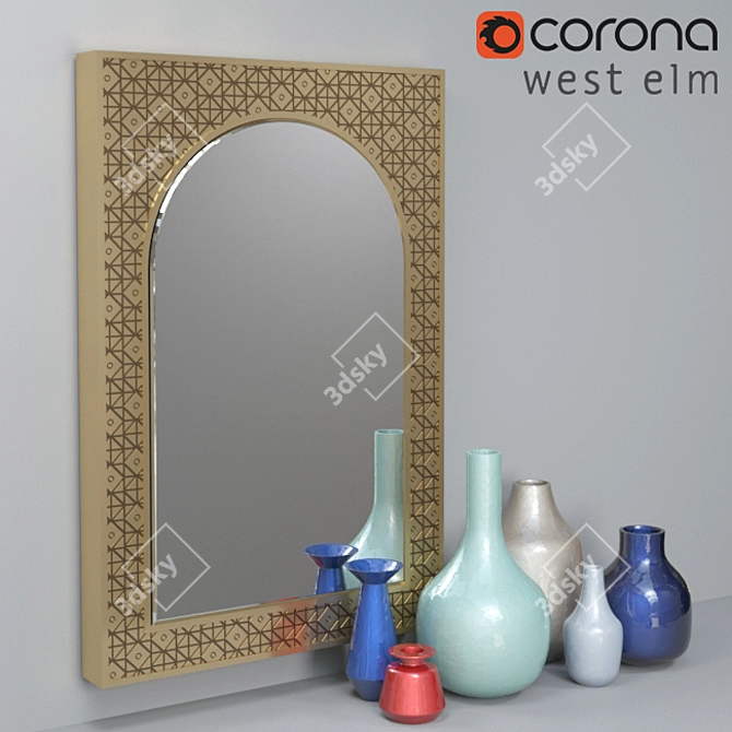 Metal Mirror & Enamel Vases Set 3D model image 1