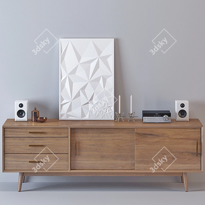 Retro-inspired Wood Media Console 3D model image 1