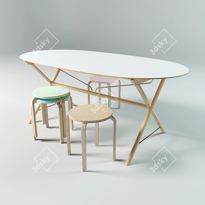 Modern Birch Table and Chairs 3D model image 1