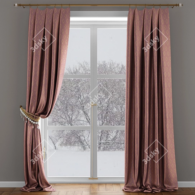 Elegant Beaded Satin Curtains with Pickup 3D model image 1