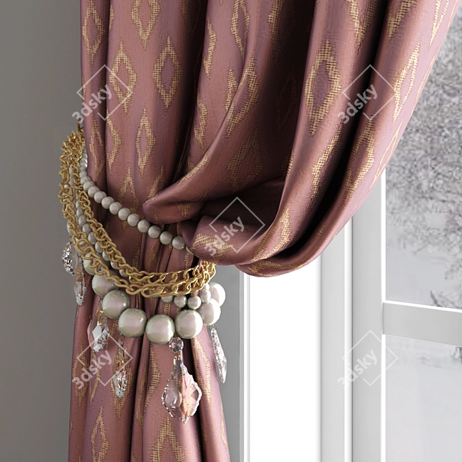 Elegant Beaded Satin Curtains with Pickup 3D model image 2