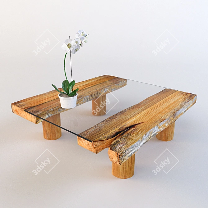Rustic Wood Coffee Table with Glass Top 3D model image 1