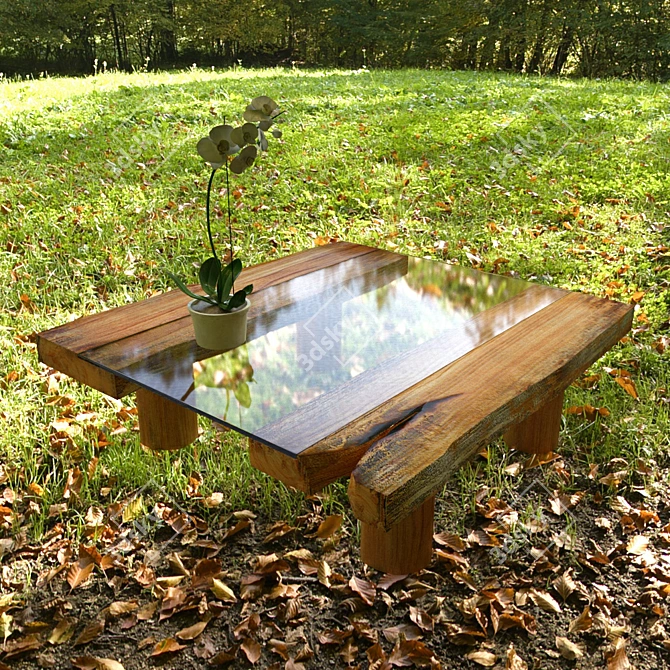 Rustic Wood Coffee Table with Glass Top 3D model image 3