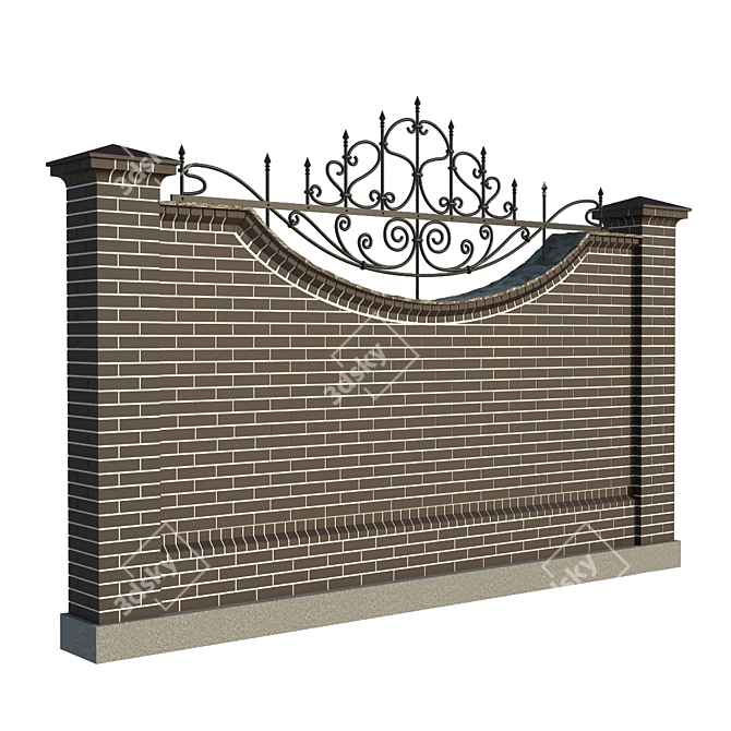 Elegant Brick Fence with Ornate Ironwork 3D model image 1