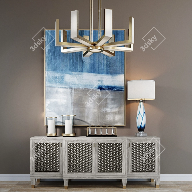 Elegant Weave Credenza & Geometric Lamp 3D model image 1