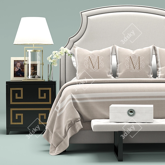 Elegant White Upholstered Bed 3D model image 2