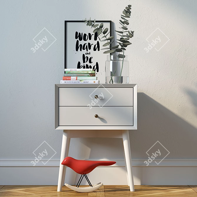 White Mid-Century Nightstand Set: Bedside Table with Decor 3D model image 1