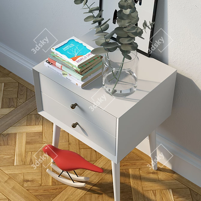 White Mid-Century Nightstand Set: Bedside Table with Decor 3D model image 2