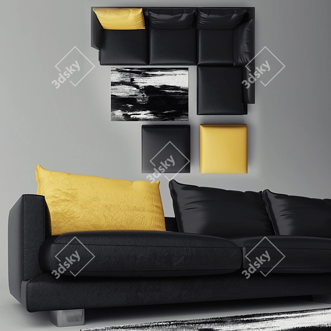 Modern & Vibrant Sofa: Black & Yellow 3D model image 3