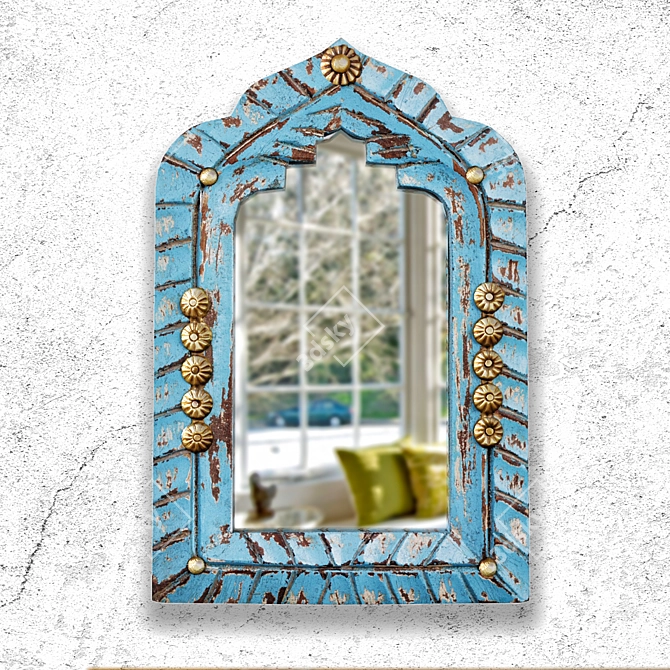 Blue Wood Carved Mirror 3D model image 1