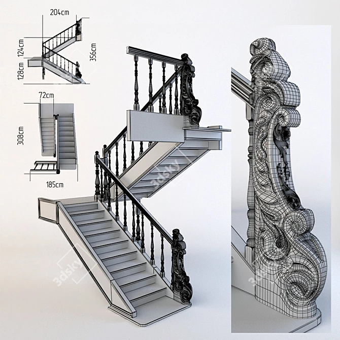 Elegant Carved Wood Staircase 3D model image 2