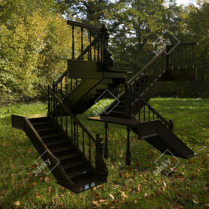 Elegant Carved Wood Staircase 3D model image 3