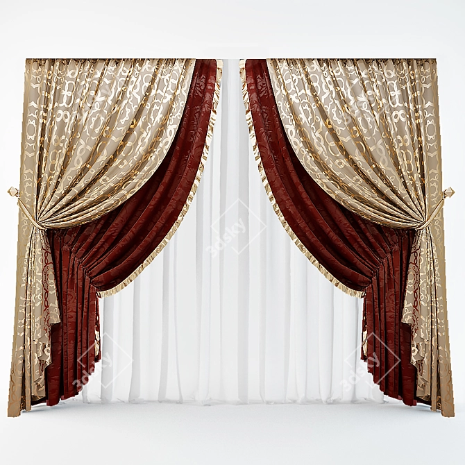 Elegant 2-Color Classic Curtains 3D model image 1