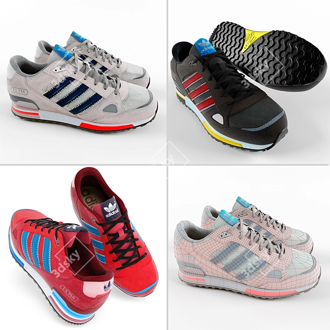 adidas ZX 750 Running Shoes - Three Vibrant Colors 3D model image 1