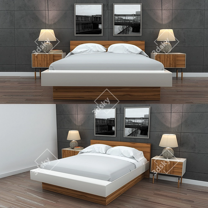 Modern Bedroom Set with Nightstand, Bed, Bridge Photo, Books & Lamp 3D model image 1