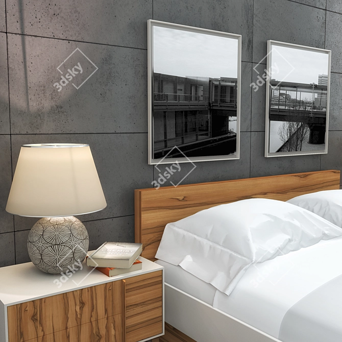 Modern Bedroom Set with Nightstand, Bed, Bridge Photo, Books & Lamp 3D model image 2