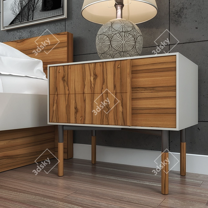 Modern Bedroom Set with Nightstand, Bed, Bridge Photo, Books & Lamp 3D model image 3