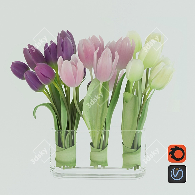 Vibrant Trio Tulips Bouquet 3D model image 1