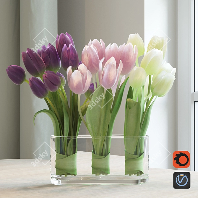 Vibrant Trio Tulips Bouquet 3D model image 2