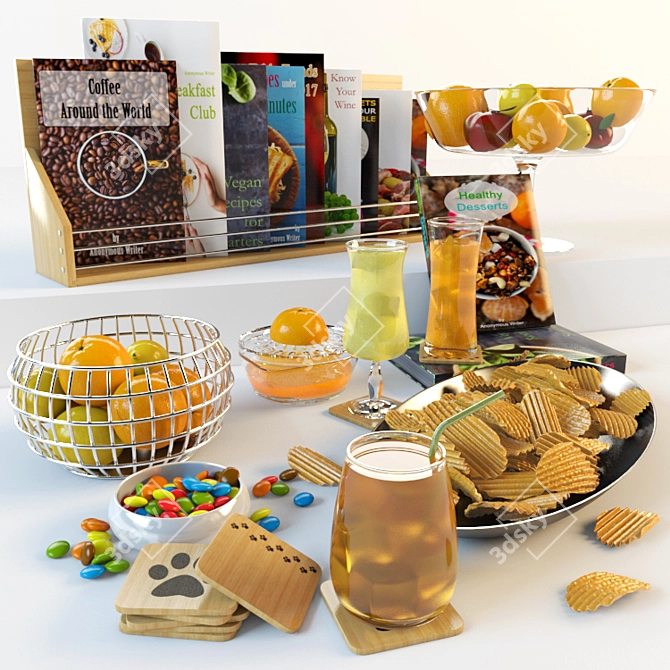 Fruitful Delights: Books, Bowls & Beverages 3D model image 1