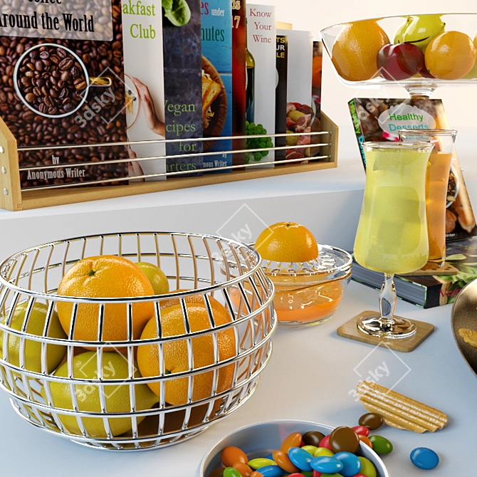 Fruitful Delights: Books, Bowls & Beverages 3D model image 2