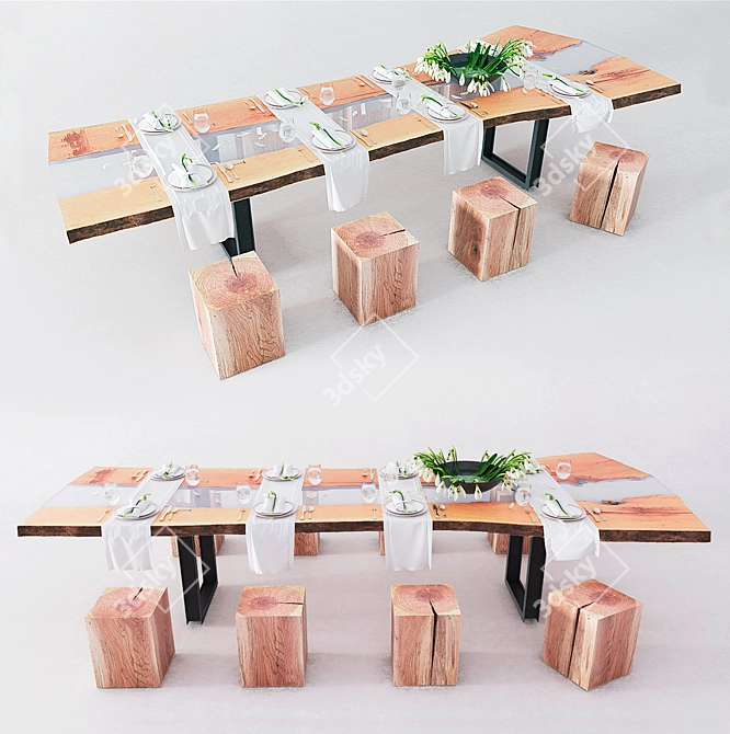  Rustic Wood Slab Tableware 3D model image 1