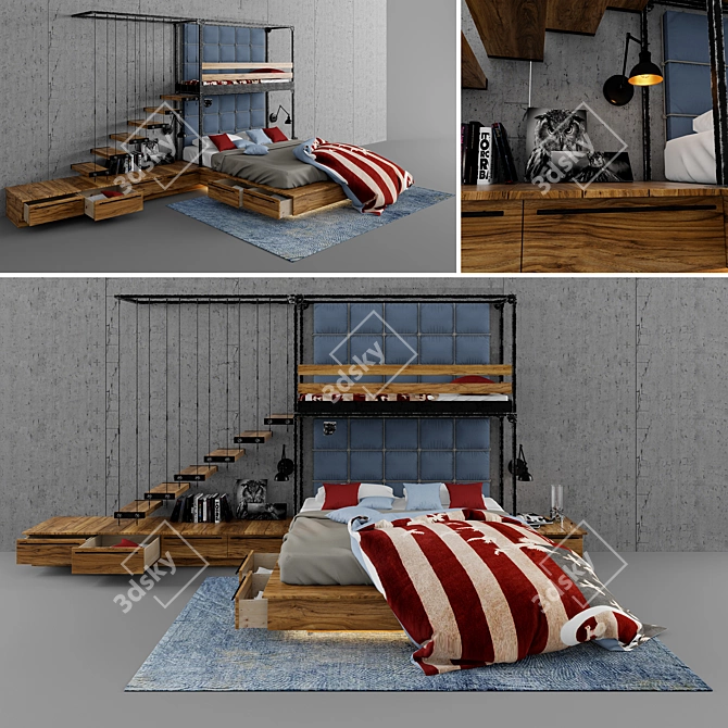 Loft-inspired Children's 2 Bunk Bed 3D model image 3